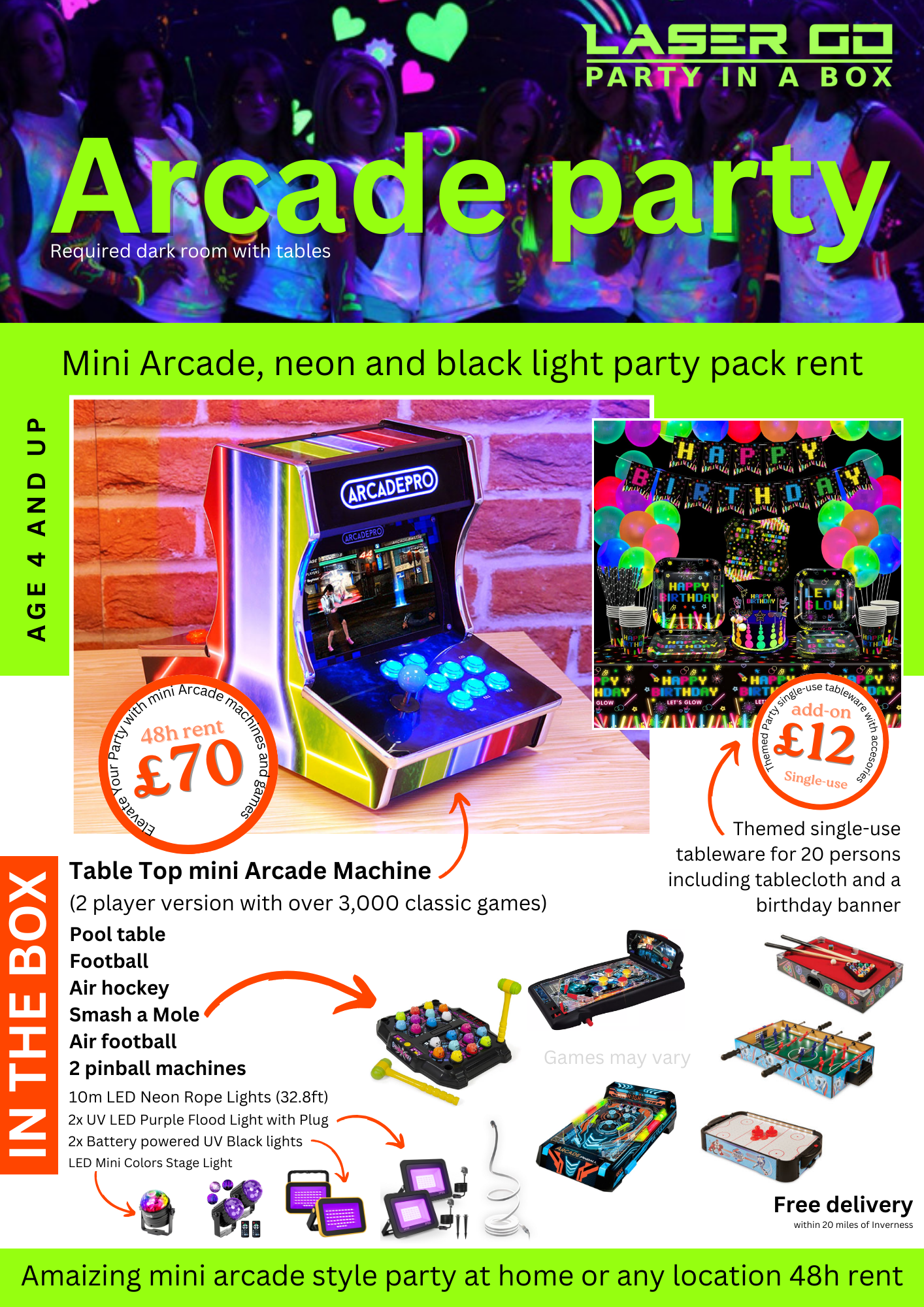 Mini Arcade party in blacklight style - Party in a box hire
